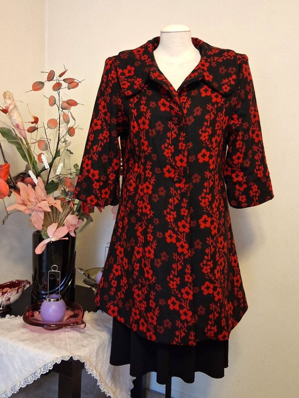 Elegant Floral Pea Coat Lined 100% Cotton Trench Coat Warm Peacoat Outerwear L